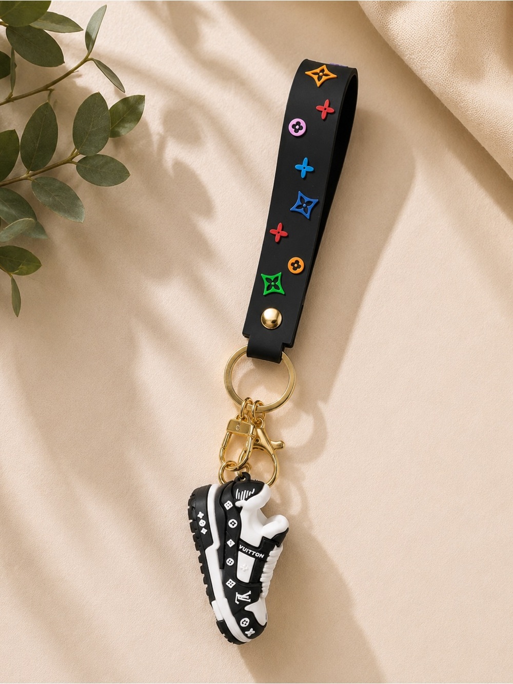 Black Multicolor Logo Strap Keychain with Sneaker Charm